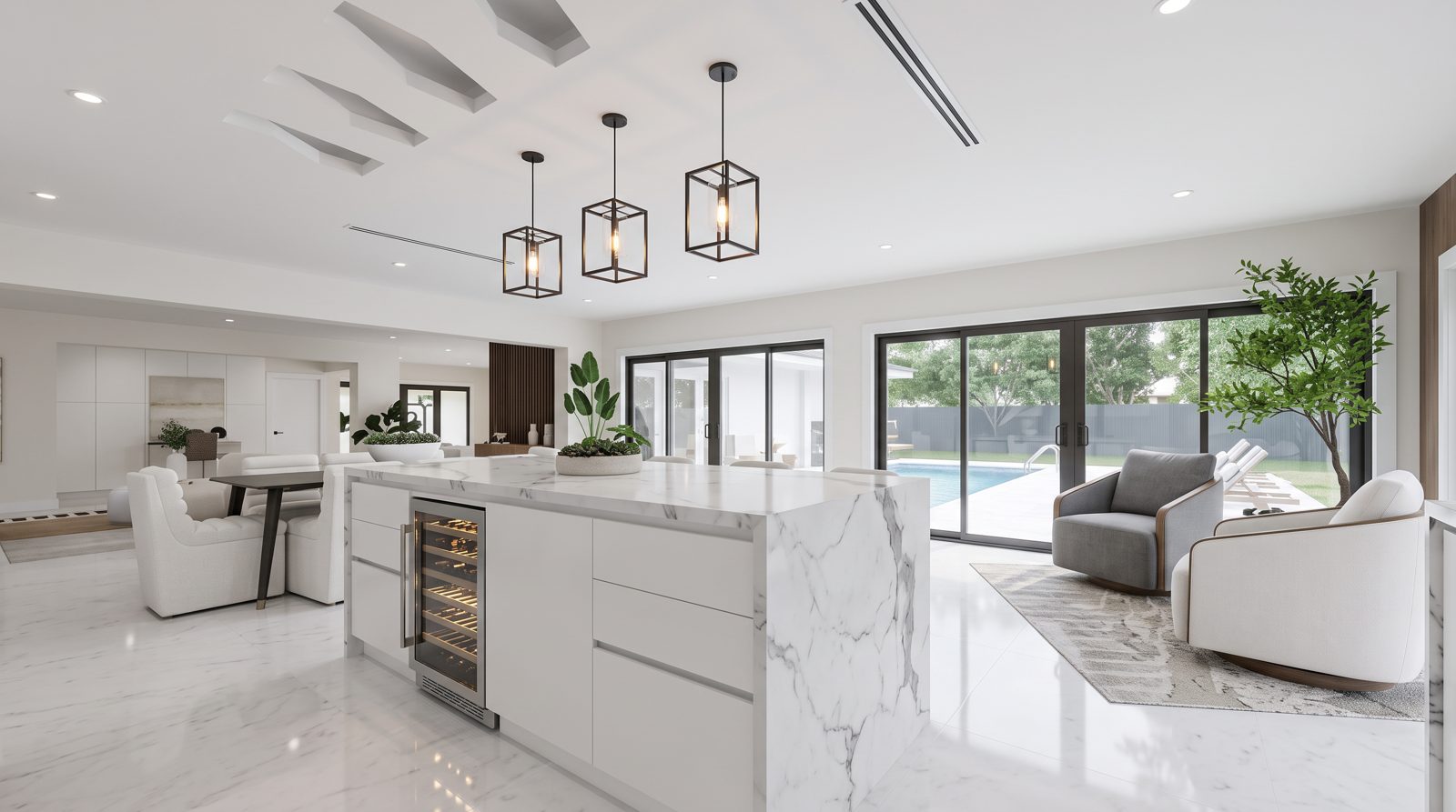 Kitchen with waterfall island, Miami-Dade